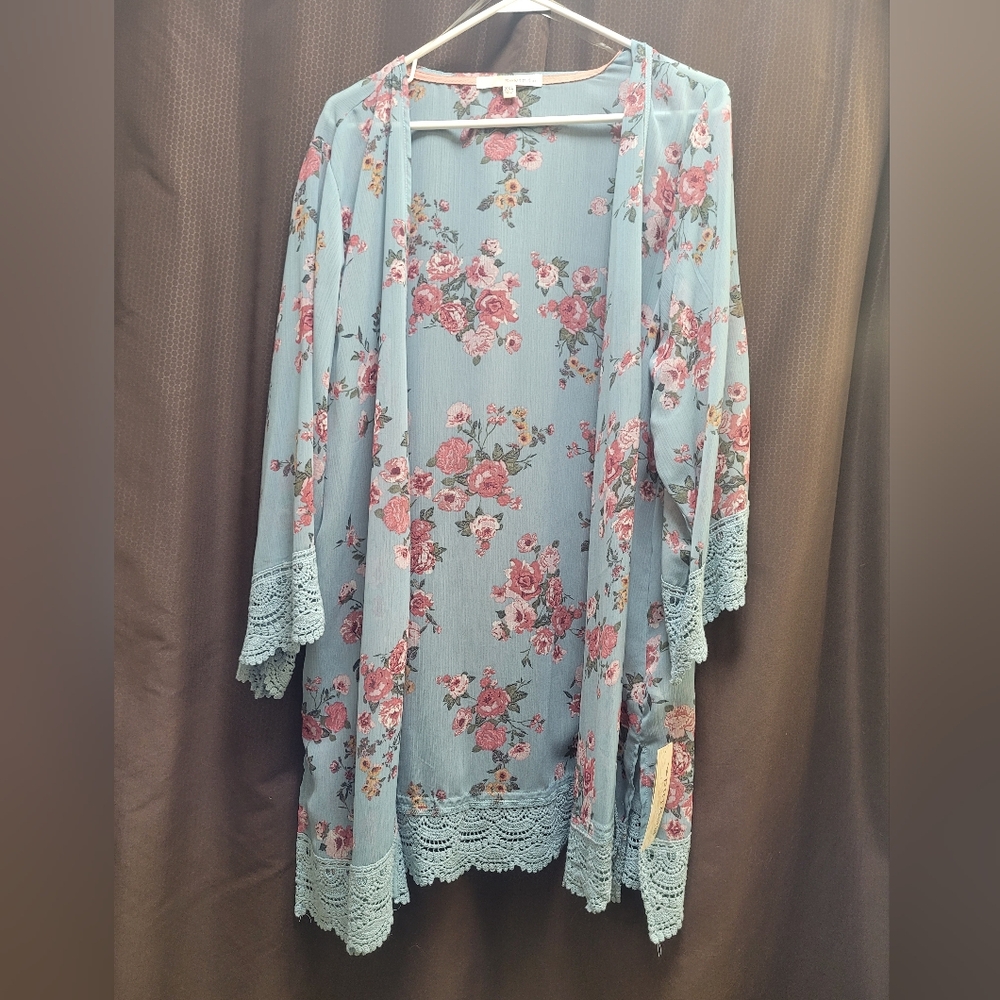 Sheer Floral Kimono with Lace Detail